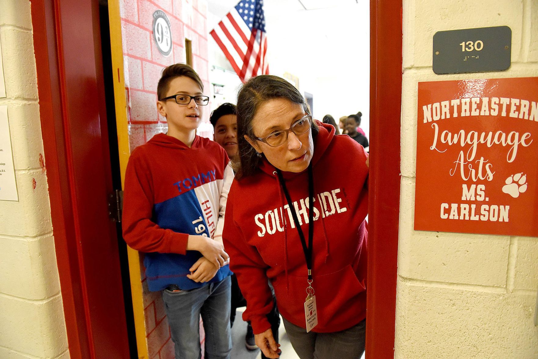 Michele Wood looks out the classroom door